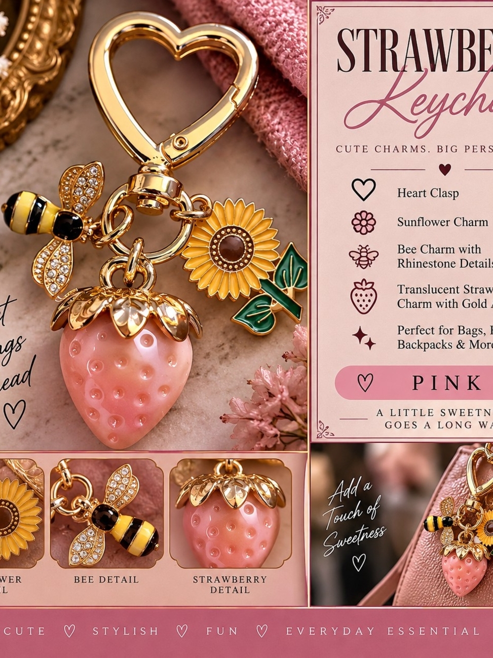 Strawberry Keychain Charm - Pink Gold Accent